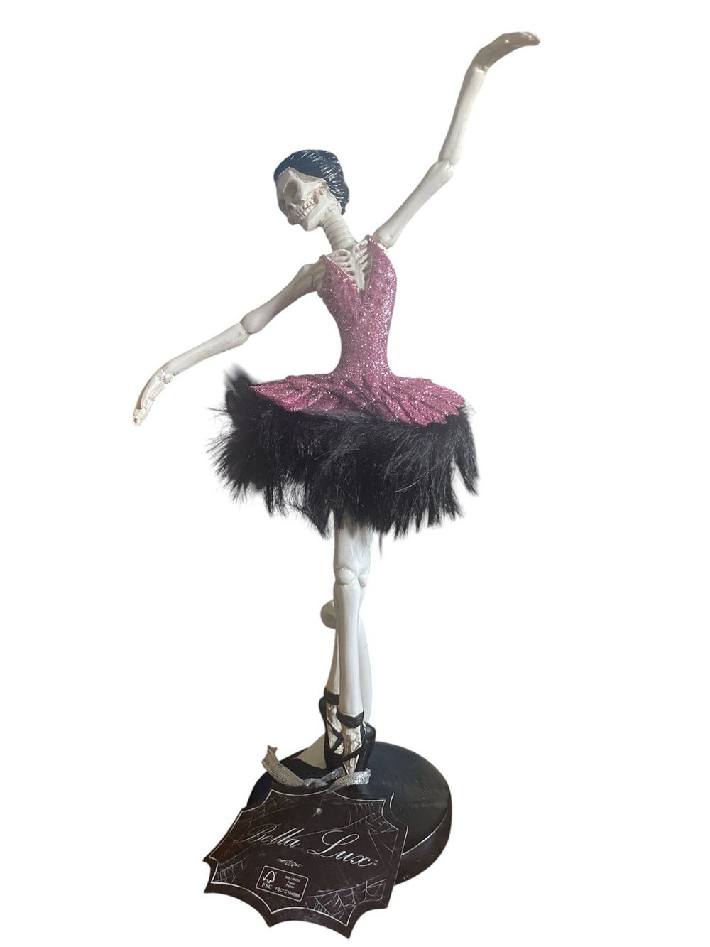 Bella Lux Skeleton Ballerina w/Pink Glitter Leotard & Black Feather Tutu NWT